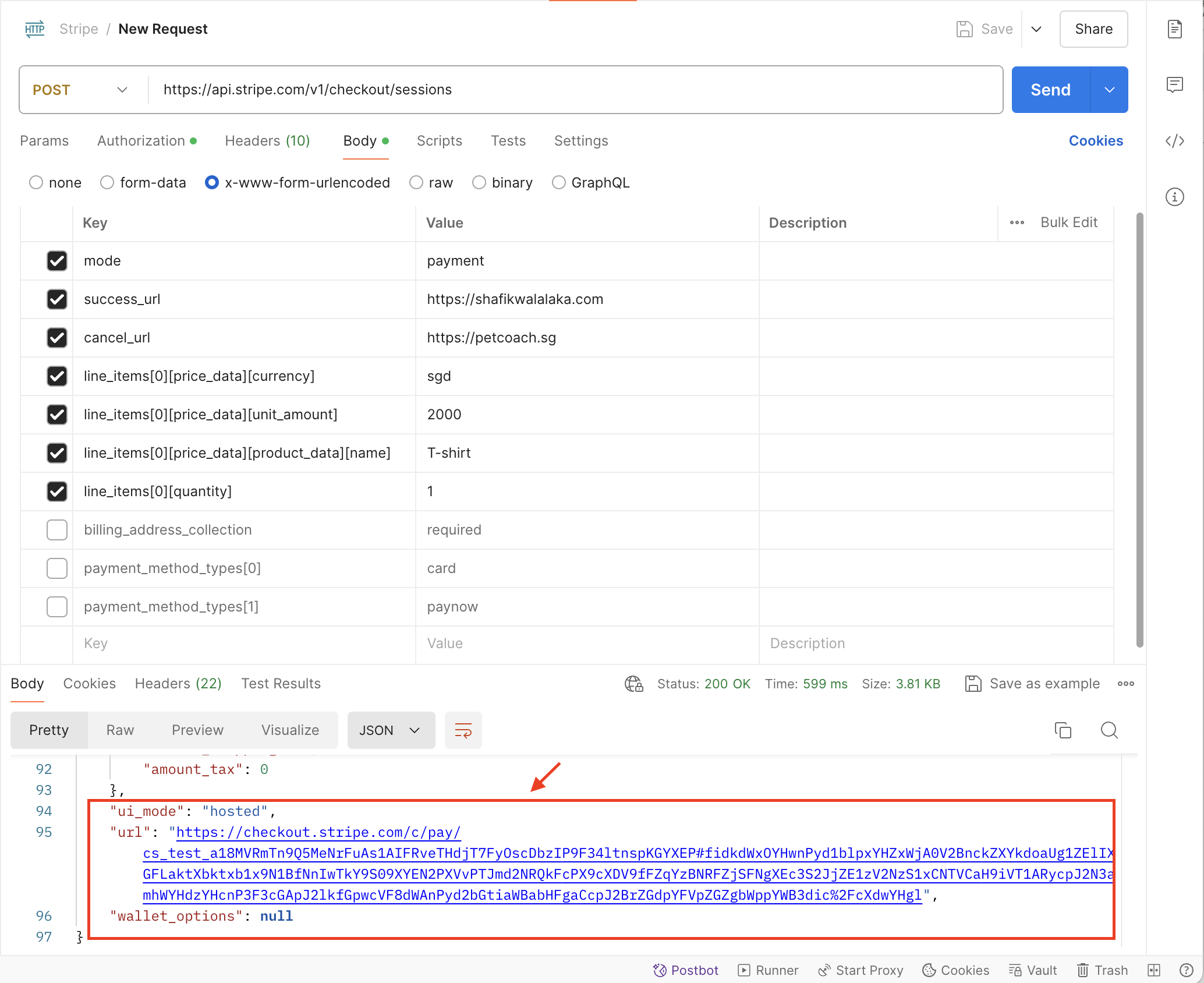 Stripe returns URL to their hosted checkout page